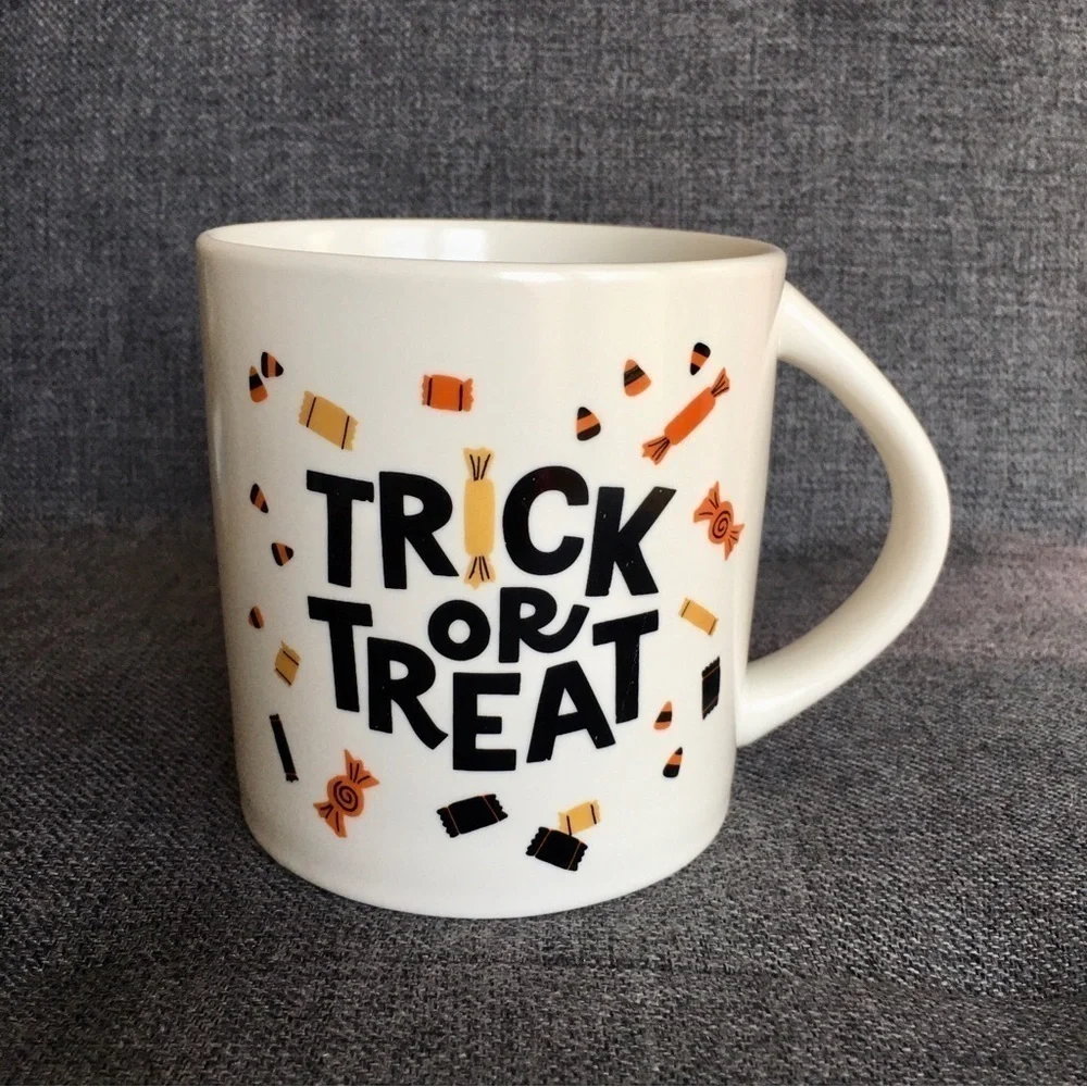 “TRICK OR TREAT” Coffee Mug, Ivory, Cream, Black, Fall Colors, 16 oz
